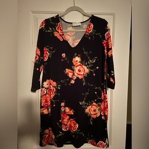 French Grey Navy Floral Dress - Size M